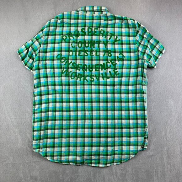 Diesel Mens Shirt XL Green Blue Plaid Button Up Linen Cotton Patches Embroidered - Picture 9 of 11